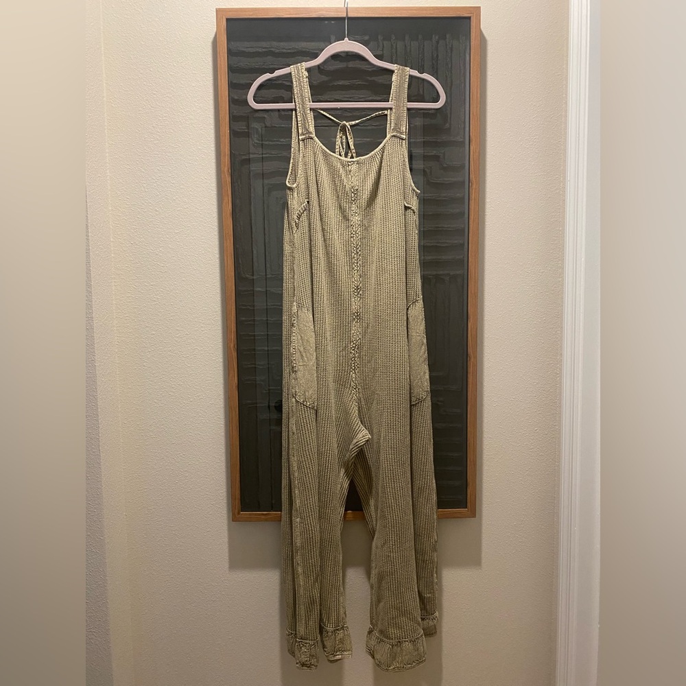 Free People Olive Green Waffle Knit Jumpsuit - Picture 4 of 6